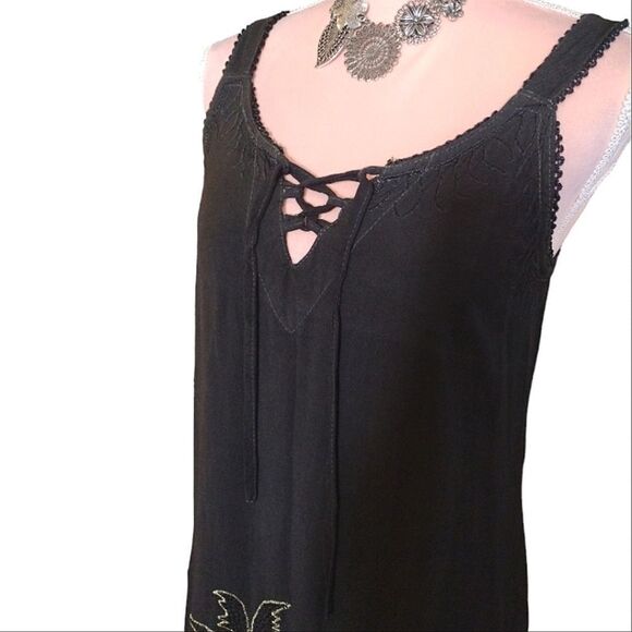 VTG 90s Black Gold Hawaiian Embroidered Fairycore Mini Dress Medium - Picture 8 of 16